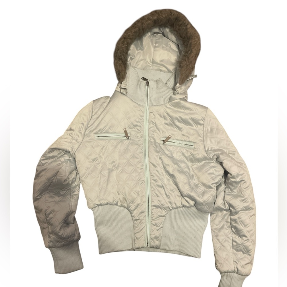 Yoki Light Blue Quilted Hooded Bomber Jacket with Faux Fur Trim
